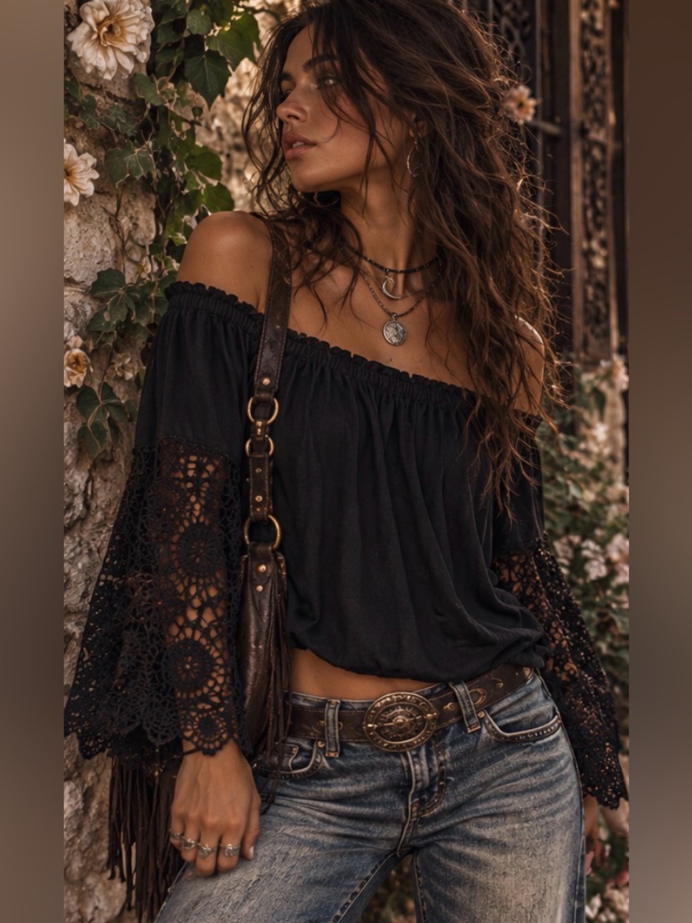 LOFT Off Shoulder Peasant Navy Crochet Lace Bell Sleeves Boho Top